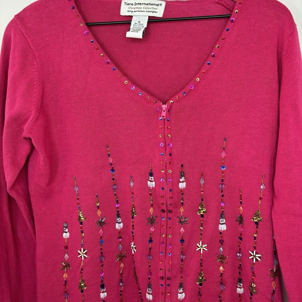 Tiara International Christmas Cardigan Sweater Medium Pink‎ Snowman SequinsZip